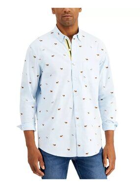 Club Room Men's Regular-Fit Stretch Dog Print Chambray Shirt Blue Size L MSRP$55
